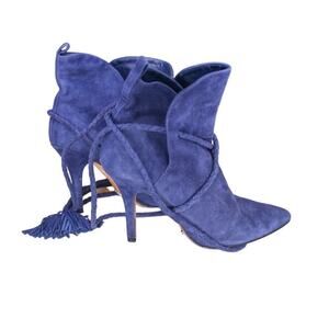 Schutz Fadhila Blue Suede High Heel Ankle Boots Pointed Toe Tassel Tie